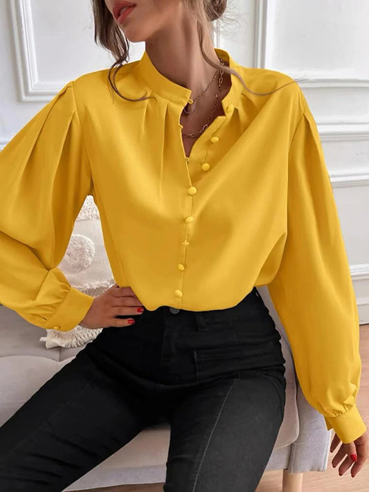 Loose Puff Sleeves Pleated Solid Color Split-Joint Stand Collar Blouses