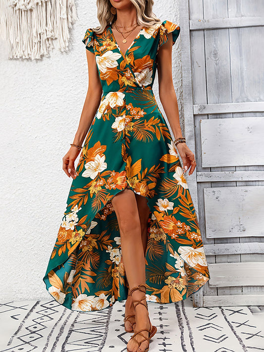 High-Low Loose Flower Print Split-Joint V-Neck Maxi Dresses