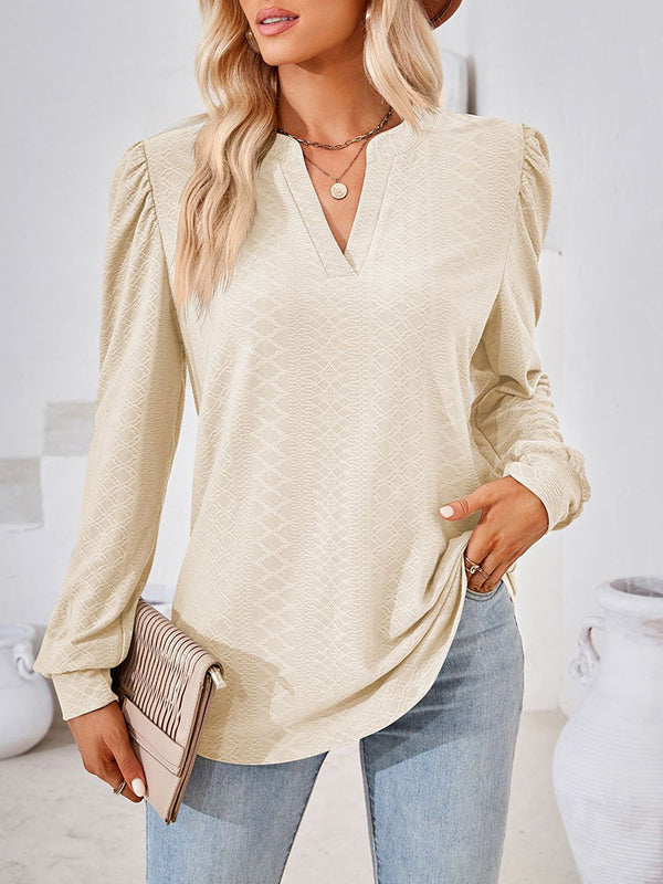 Long Sleeves Loose Jacquard Solid Color V-neck T-Shirts Tops