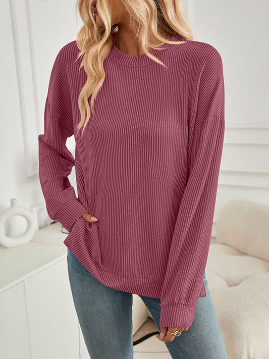 High-Low Long Sleeves Pleated Solid Color Split-Joint Split-Side Round-Neck Sweatershirt