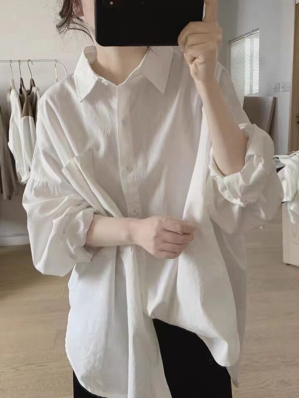 Casual Long Sleeves Loose Buttoned Solid Color Lapel Collar Blouses&Shirts Tops