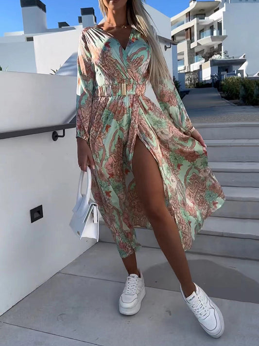 High Waisted Long Sleeves Belted Elasticity Flower Print Split-Front V-Neck Midi Dresses