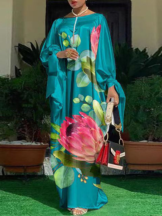 Batwing Sleeves Loose Flower Print Tied Round-Neck Maxi Dresses