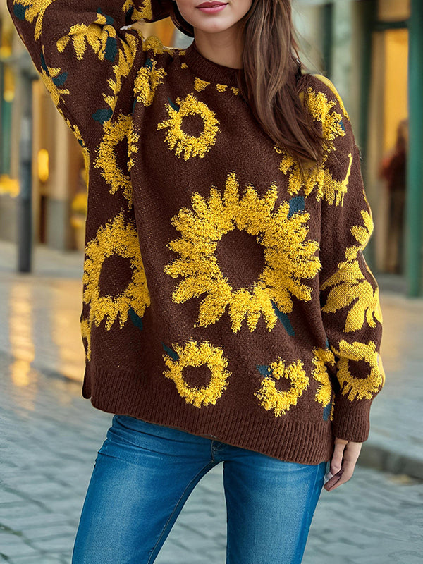 Long Sleeves Loose Contrast Color Knitted Flower Split-Joint Round-Neck Pullovers Sweater Tops