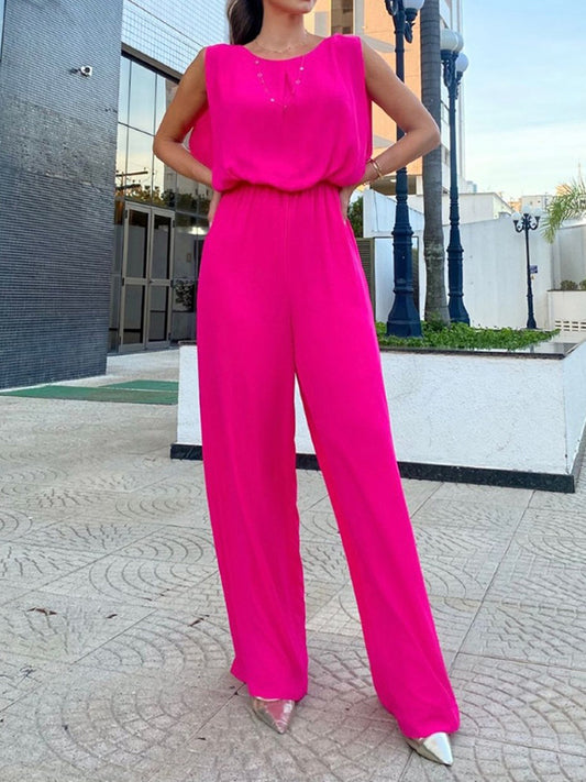 High Waisted Sleeveless Backless Elasticity Pleated Solid Color Split-Joint Jumpsuits