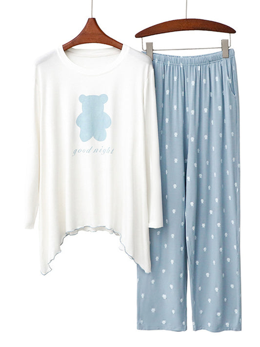 Simple Loose Cartoon Printed Pajamas Two Pieces Set