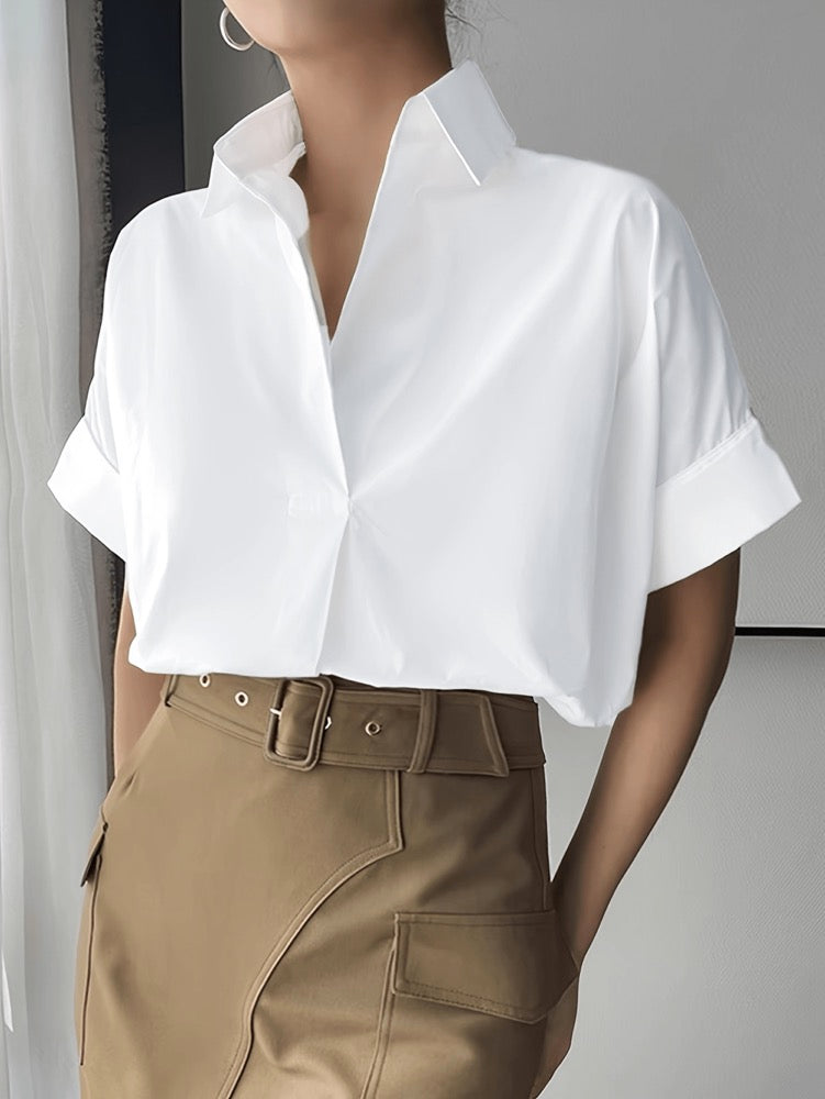 Loose Short Sleeves Solid Color Lapel Blouses&Shirts Tops