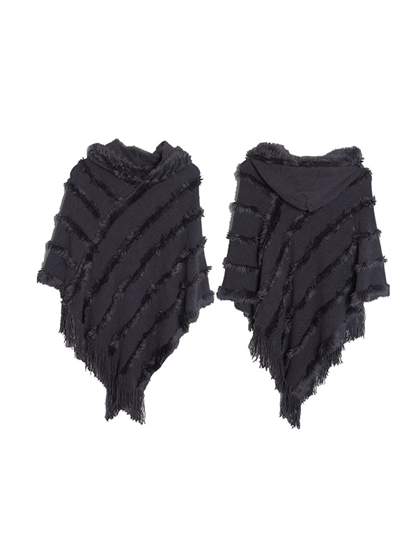 Hooded Keep Warm Solid Color Tasseled Cape Shawl&Cloak