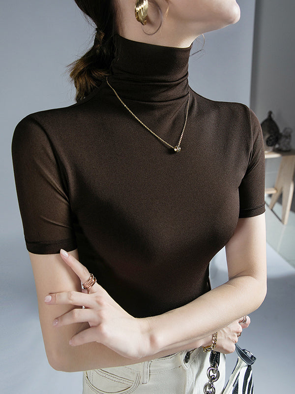 Half Sleeves Skinny Solid Color High Neck T-Shirts Tops