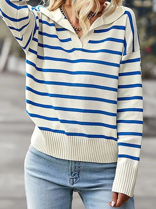 Long Sleeves Loose Split-Joint Striped Lapel Sweater Tops