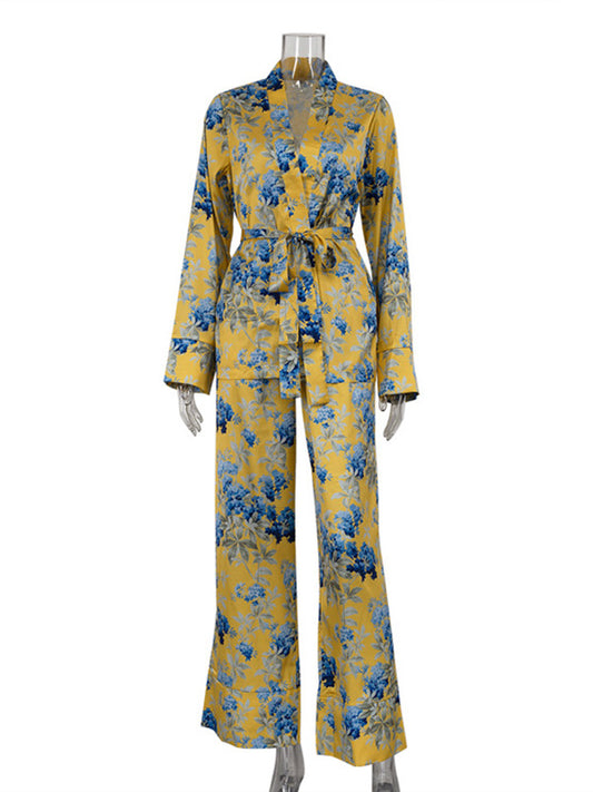 Loose Printed Split-Joint Deep V-Neck Lace-Up Blouse + Drawstring Elasticity Pants Trousers Two Pieces Set