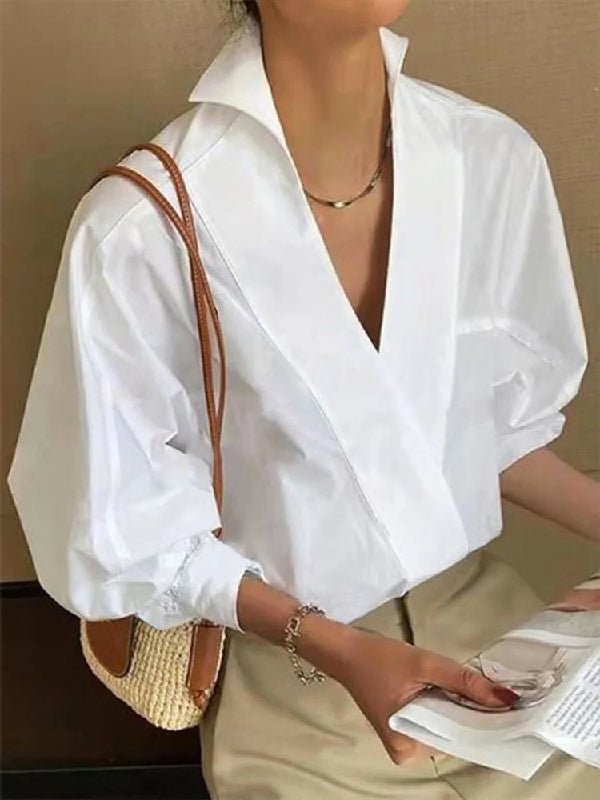 Puff Sleeves Solid Color V-neck Blouses&shirts Tops