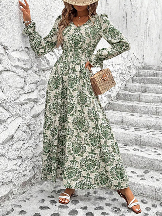Loose Puff Sleeves Elasticity Printed Split-Joint V-Neck Maxi Dresses