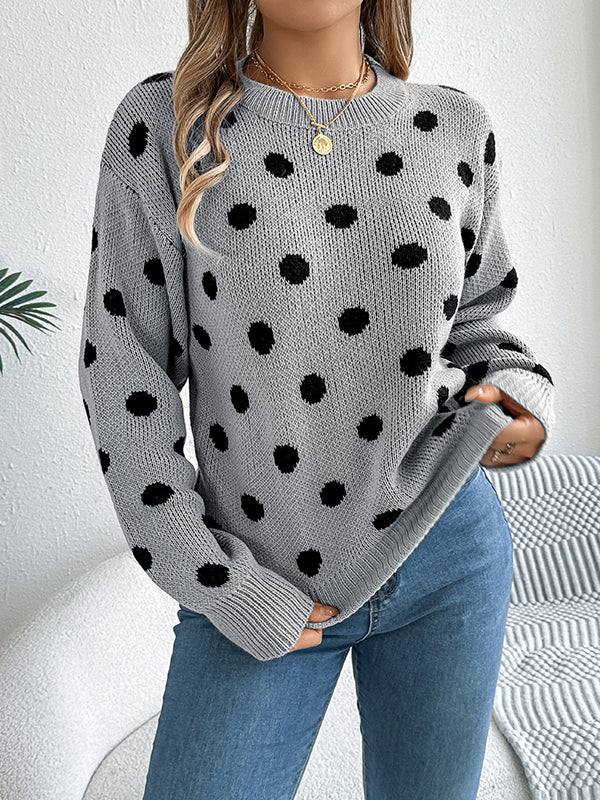 Long Sleeves Loose Contrast Color Polka-Dot Round-Neck Pullovers Sweater Tops