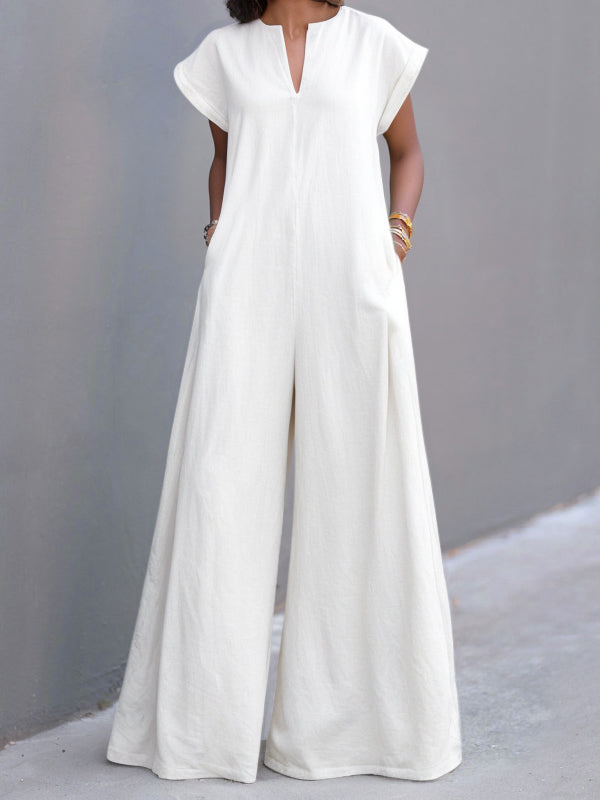 High Waisted Loose Pleated Pockets Solid Color V-Neck Jumpsuits