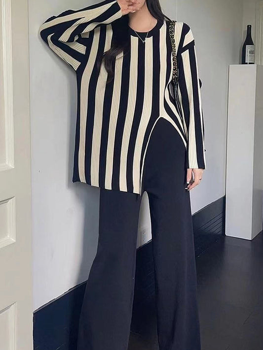 Long Sleeves Loose Pleated Split-Front Striped Round-Neck T-Shirt Top + Pants Bottom Two Pieces Set