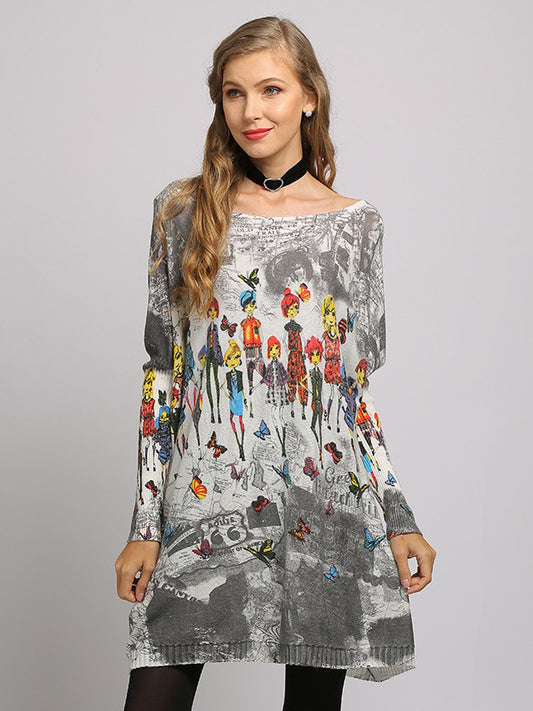 Urban Colorful Knitting Printed Long Sleeves Sweater