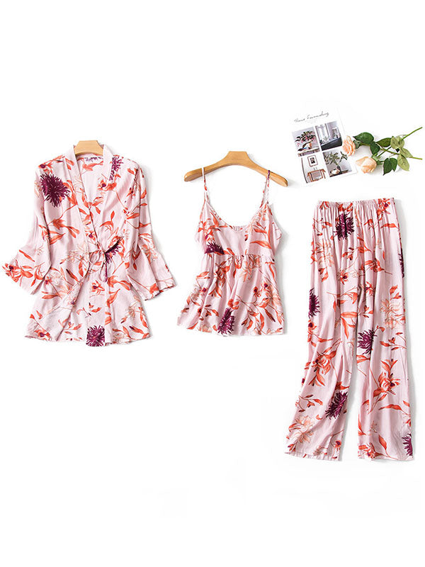 Three Pieces Thin Floral Pajama Set