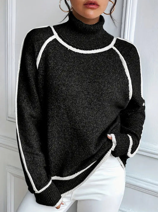 Long Sleeves Loose Contrast Color Split-Joint High Neck Sweater Tops