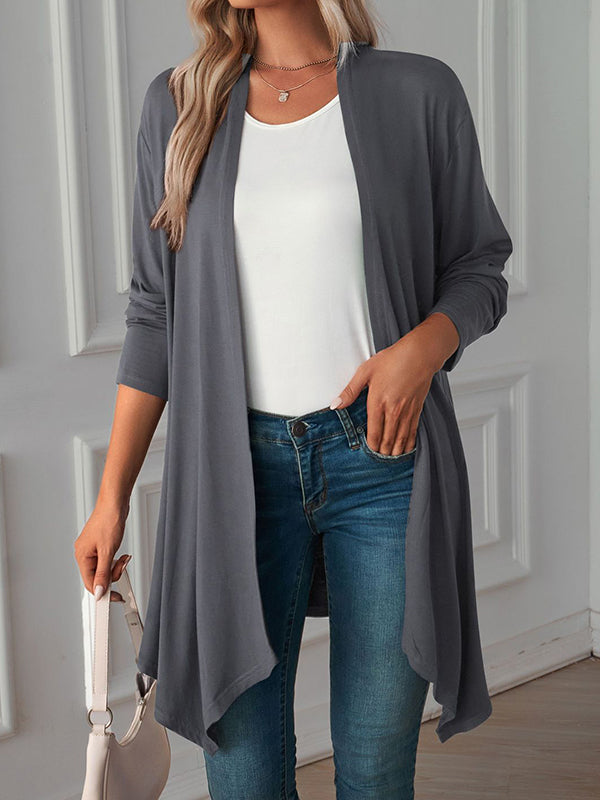 Long Sleeves Loose Solid Color Statement Collar Outerwear