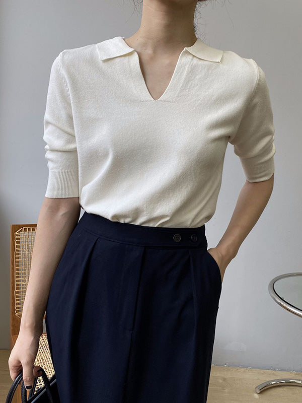 7 Colors Urban Solid Color Half Sleeves Knitting Shirt Top