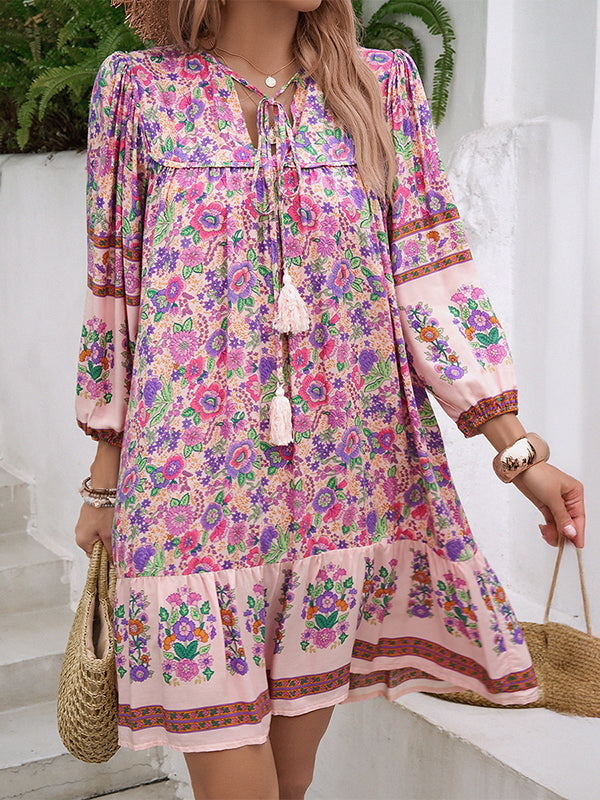 A-Line Loose Contrast Color Drawstring Flower Print Pleated Split-Joint V-Neck Mini Dresses