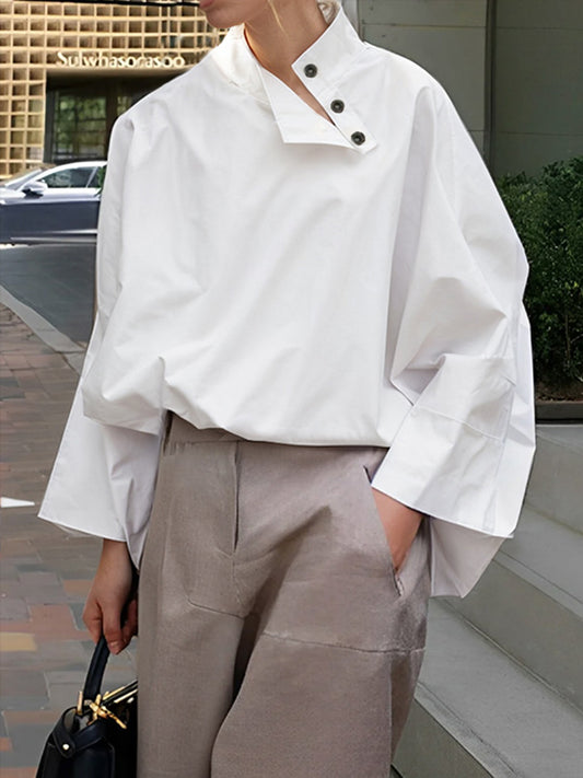 Long Sleeves Loose Buttoned Solid Color Stand Collar Blouses&Shirts Tops