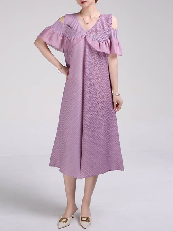 A-Line Loose Pleated Solid Color Split-Joint Cold Shoulder Midi Dresses