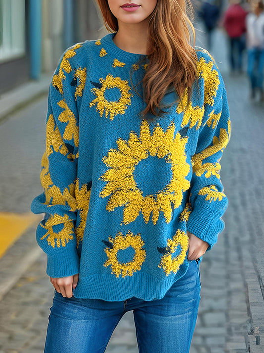 Long Sleeves Loose Contrast Color Knitted Flower Split-Joint Round-Neck Pullovers Sweater Tops
