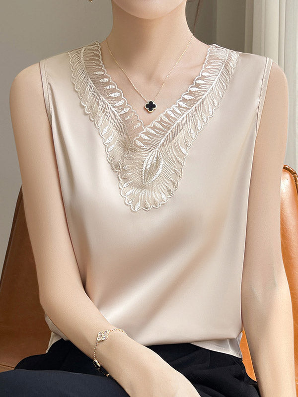 Loose Plus Size Solid Color Split-Joint V-Neck Vest Top