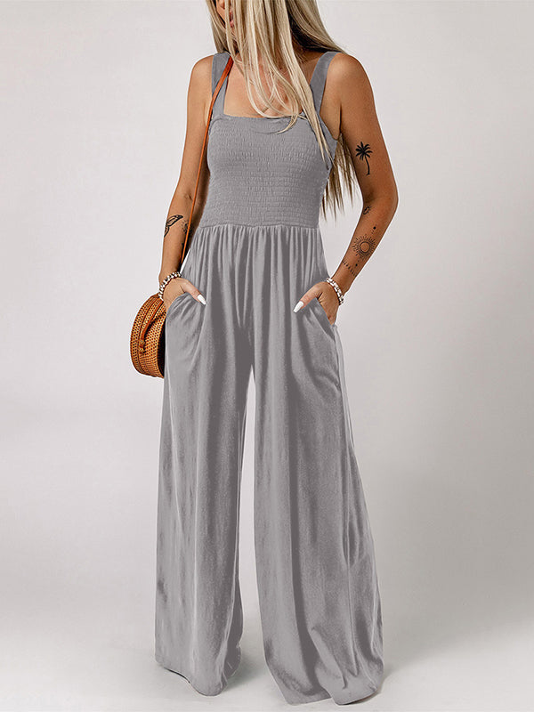 Sleeveless Wide Leg Pleated Solid Color Square-Neck Jumpsuits