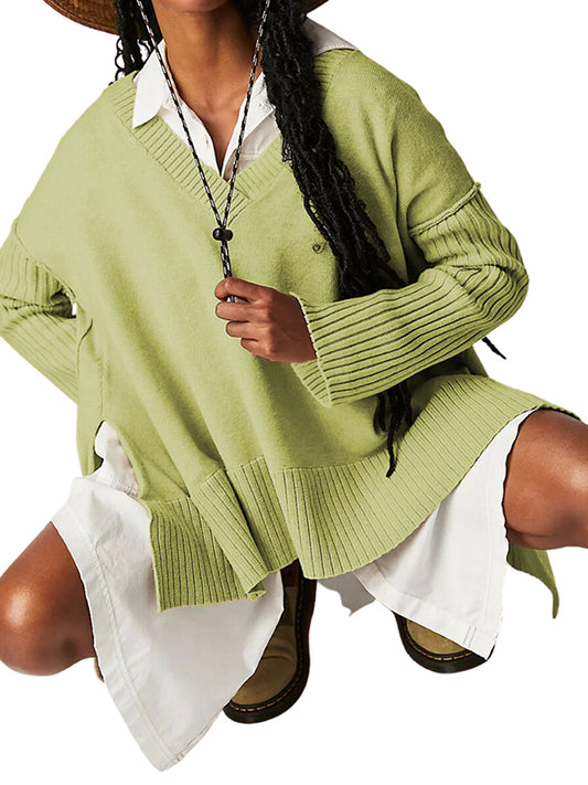 Long Sleeves Loose Solid Color Split-Joint Split-Side V-Neck Pullovers Sweater Tops