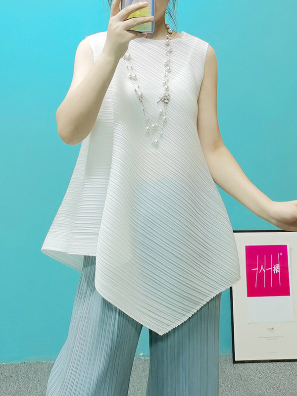 Irregular Clipping Loose Pleated Solid Color Round-Neck Vest Top