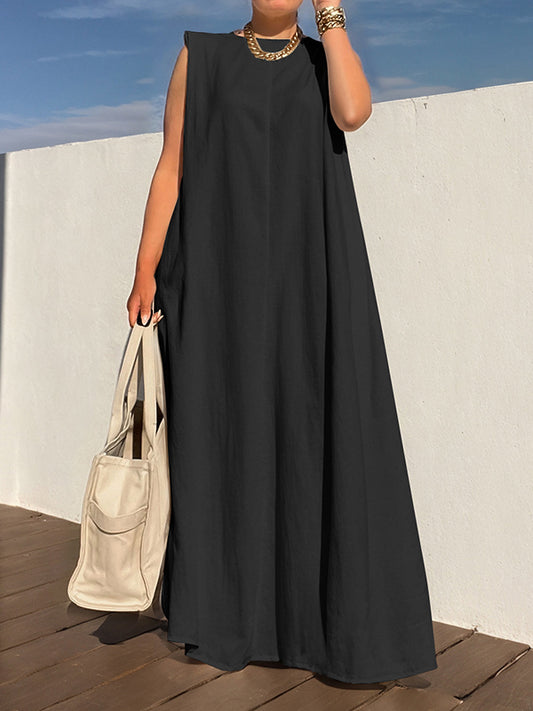 Loose Sleeveless Shoulder Pad Solid Color Round-Neck Maxi Dresses