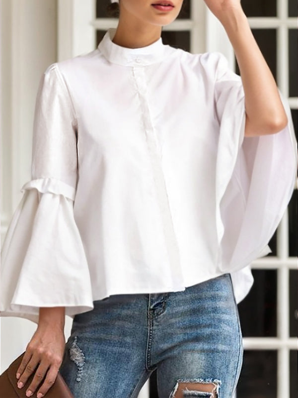 Flared Sleeves Long Sleeves Buttoned Pleated Solid Color Split-Joint Stand Collar Blouses&Shirts Tops