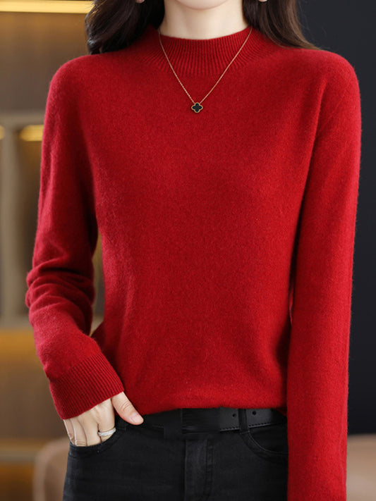 Casual Long Sleeves Solid Color Half Turtleneck Sweater Tops