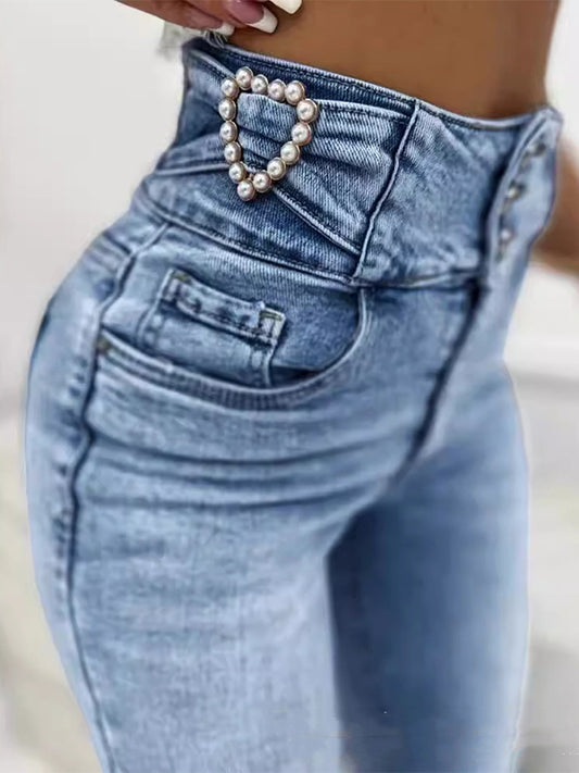 Skinny Beads Buttoned Elasticity Pockets Zipper Jean Pants Bottoms