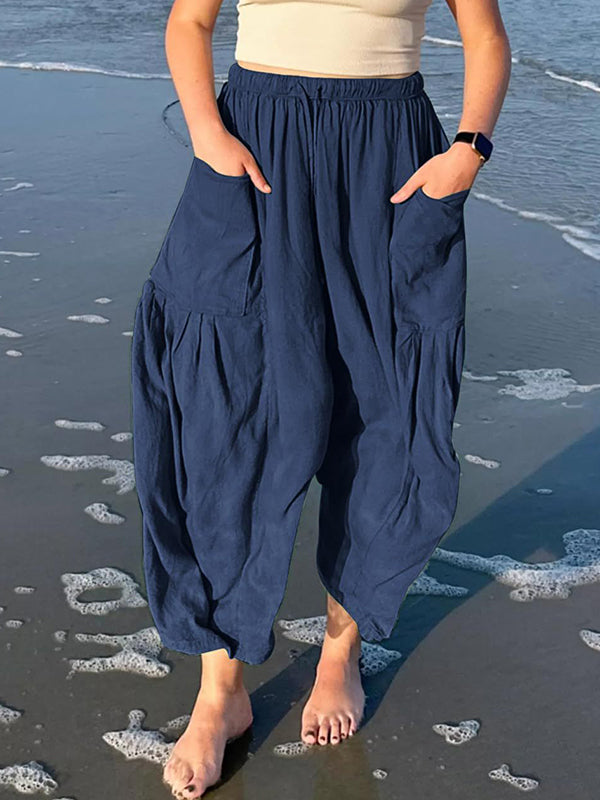 High Waisted Loose Drawstring Elasticity Pleated Pockets Solid Color Ninth Pants Trousers