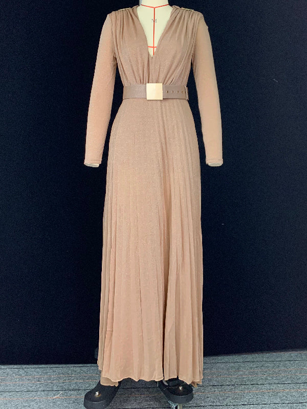 Long Sleeves Wrap Belted Pleated Solid Color Split-Side V-Neck Evening Dresses Maxi Dresses