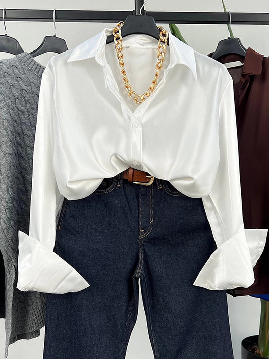 Long Sleeves Loose Buttoned Shiny Solid Color Lapel Blouses&Shirts Tops