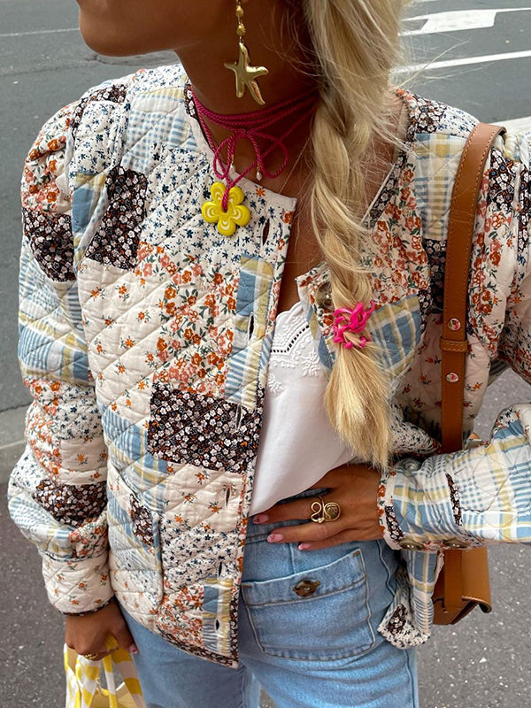 Long Sleeves Loose Buttoned Flower Print Pleated Pockets Quilted Split-Joint Round-Neck Padded Coat