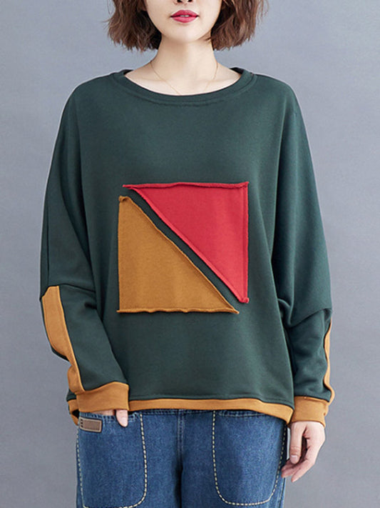 Artistic Retro Loose Triangle Applique Contrast Color Round-Neck Long Raglan Sleeves Sweatshirt