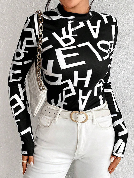 Long Sleeves Skinny Letter Print Split-Joint Mock Neck T-Shirts Tops