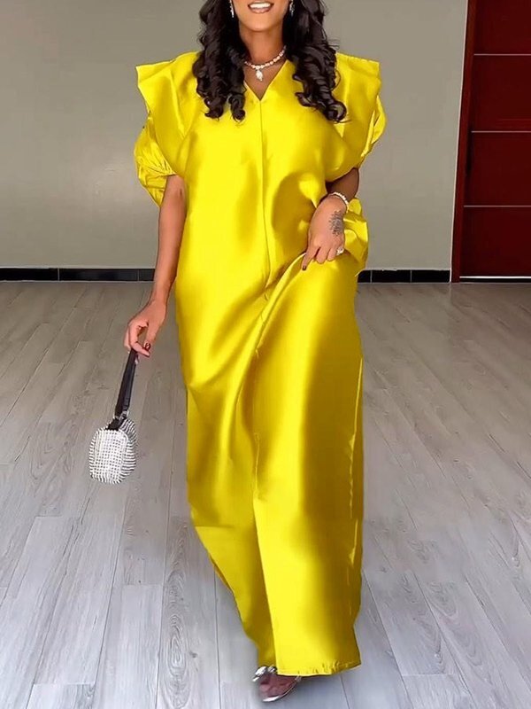 Half Sleeves Loose Elasticity Pleated Solid Color Split-Front V-Neck Maxi Dresses