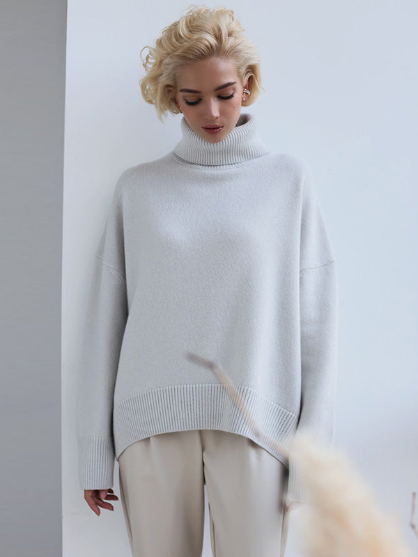 Casual Long Sleeves Loose Solid Color High-Neck Sweater Tops