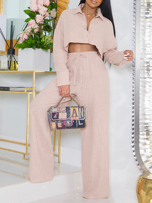 Solid Color Long Sleeves Blouse + Drawstring Elasticity High-Waisted Wide-Leg Pants Trousers Two Pieces Set