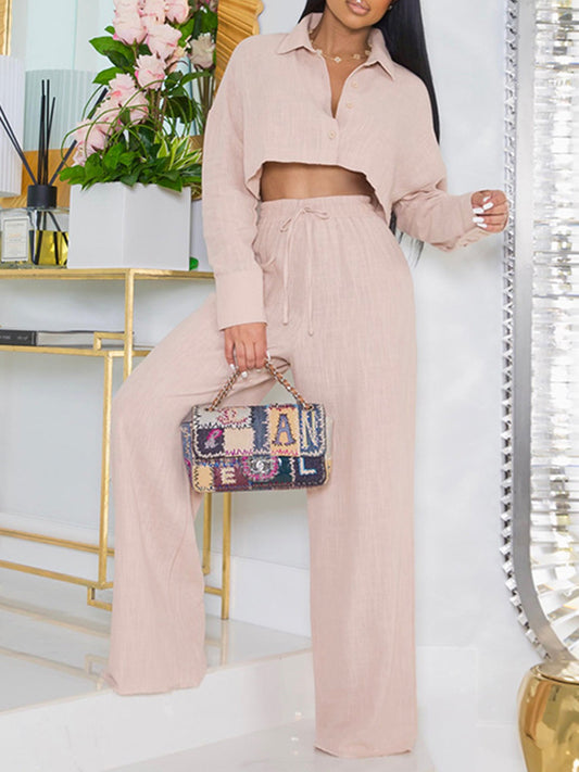 Solid Color Long Sleeves Blouse + Drawstring Elasticity High-Waisted Wide-Leg Pants Trousers Two Pieces Set