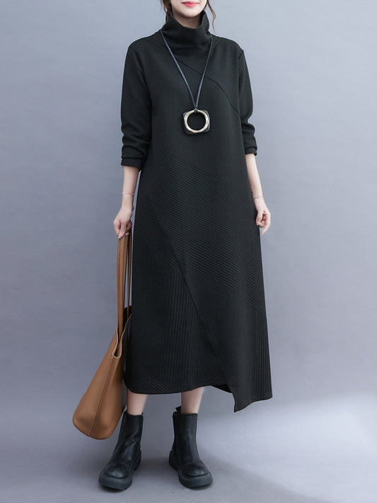 Vintage Irregularity Long Sleeves Solid Color High-Neck Midi Dresses