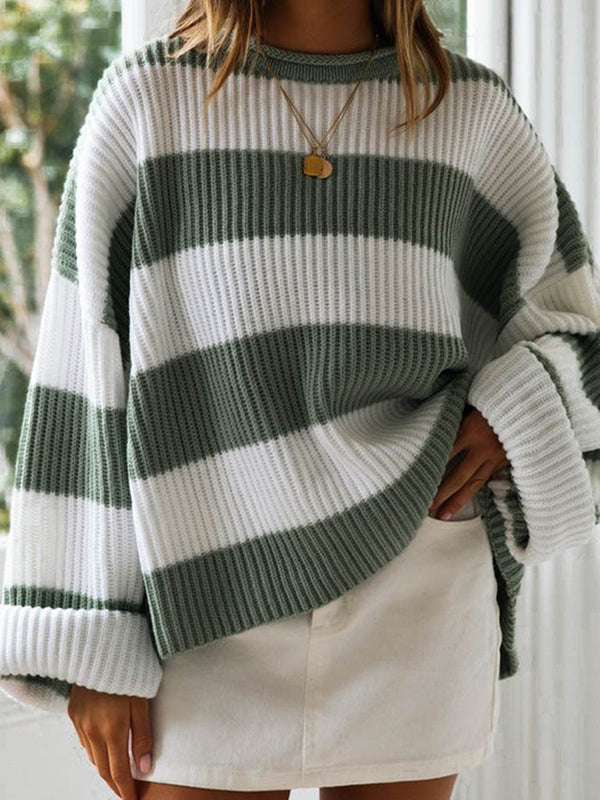 Long Sleeves Loose Contrast Color Striped Round-Neck Pullovers Sweater Tops