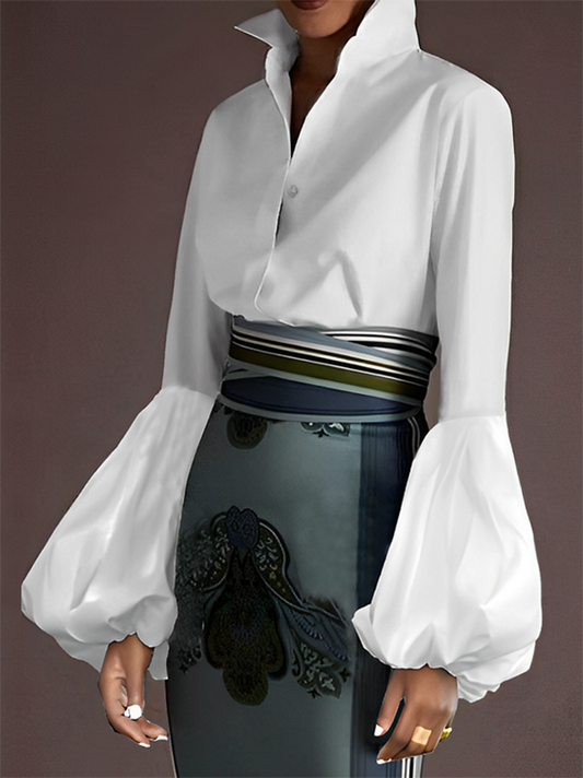 Long Sleeves Loose Buttoned Elasticity Solid Color Split-Joint Stand Collar Blouses&Shirts Tops